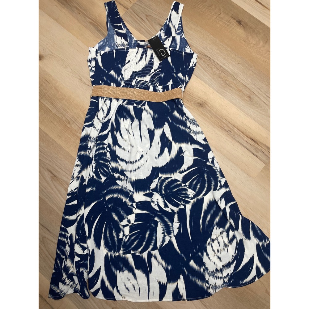 Fred David Blue White Tropical Print Midi Dress Belted Sleeveless Size Small - Picture 9 of 10